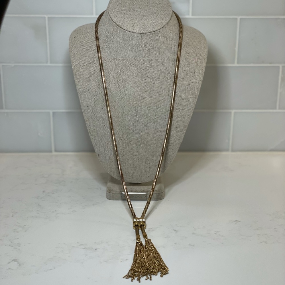 Stella & Dot long antique gold necklace with fringe